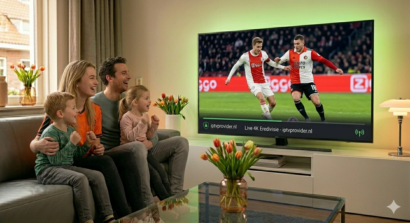 Beste IPTV Kopen Nederland - Nederlands gezin geniet van 4K voetbal met IPTV streaming