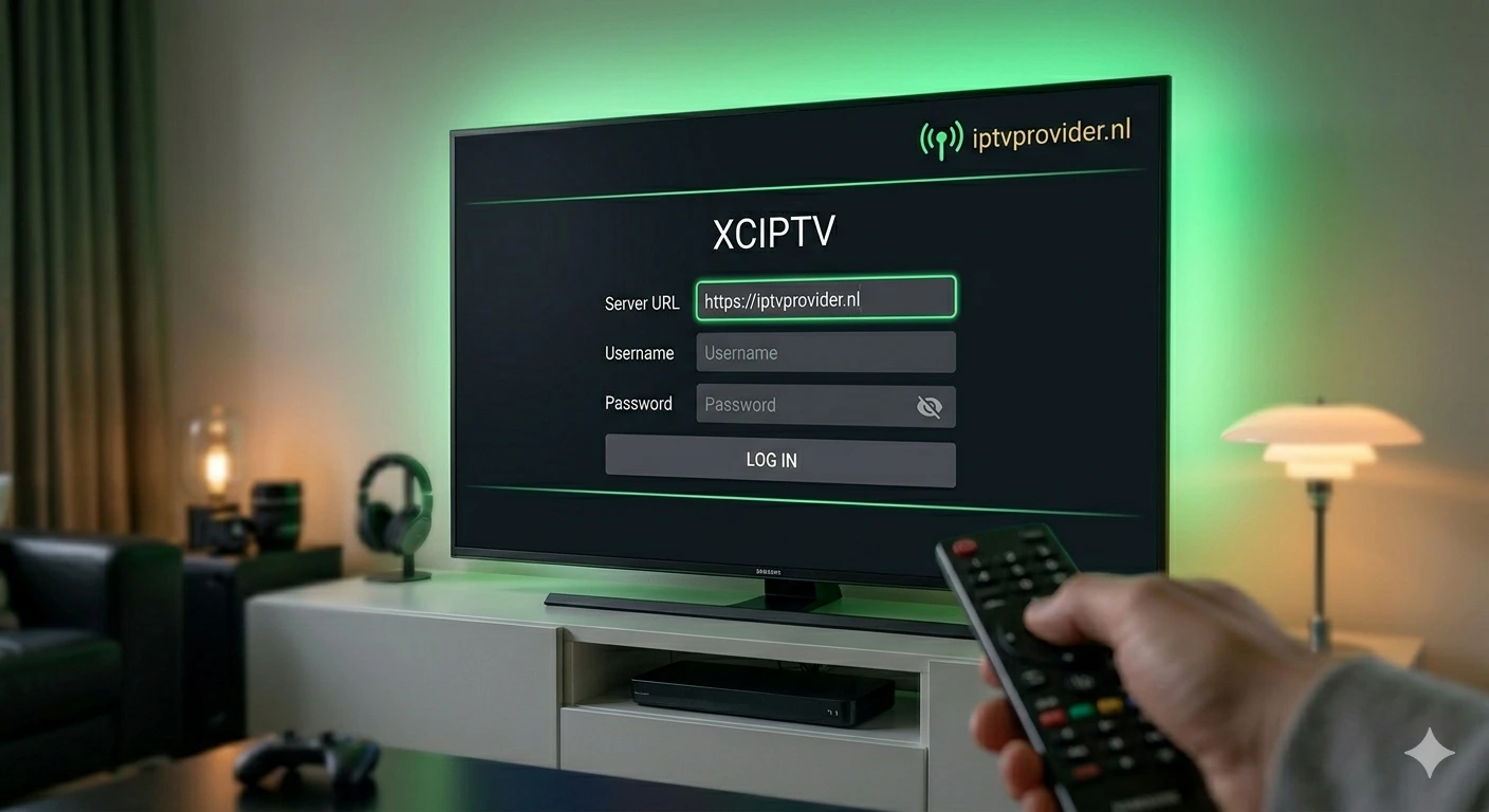 IPTV Installeren Gids - Smart TV met XCIPTV login scherm en afstandsbediening