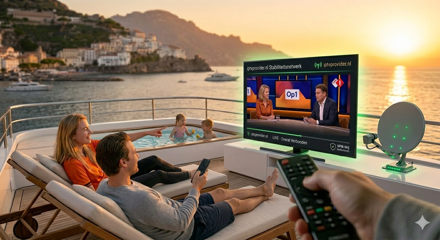 Wereldkaart met groene Stable Connection pins op Europese vakantiebestemmingen voor IPTV